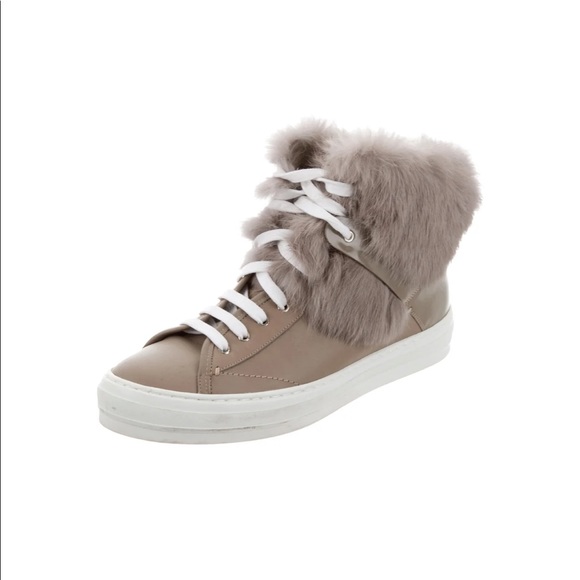 Salvatore Ferragamo Shoes - Salvatore Ferragamo Fur-Trimmed Leather Sneakers